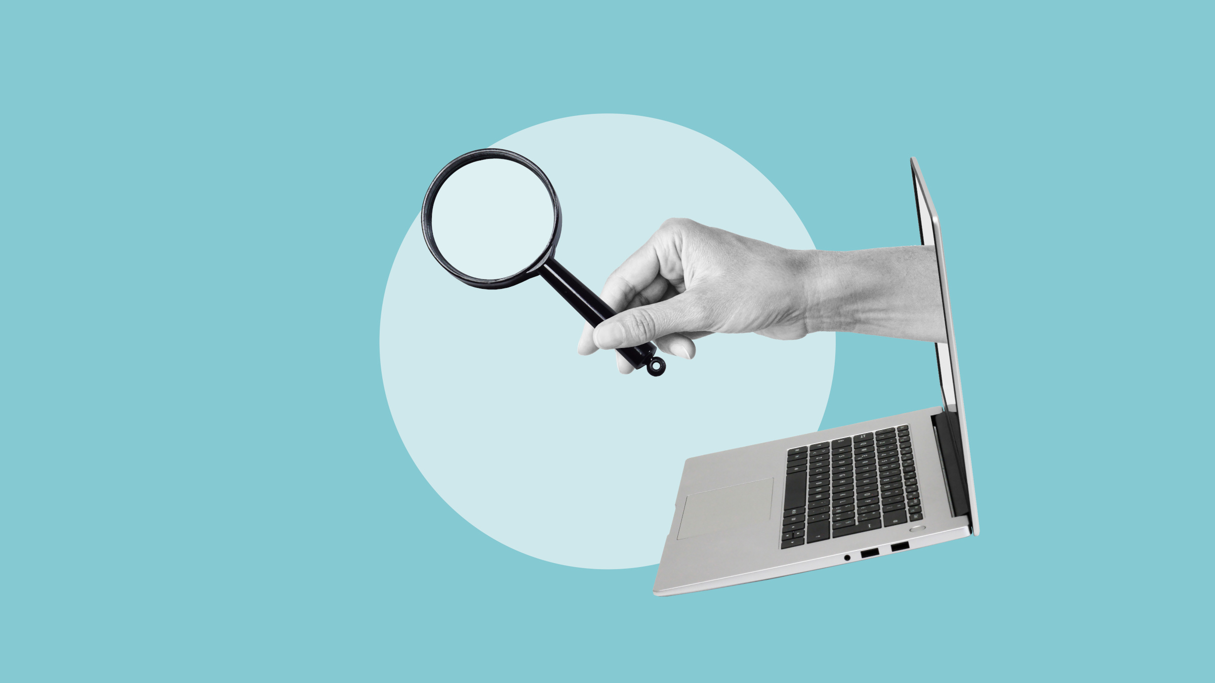 A hand emerging from a laptop screen holding a magnfying glass