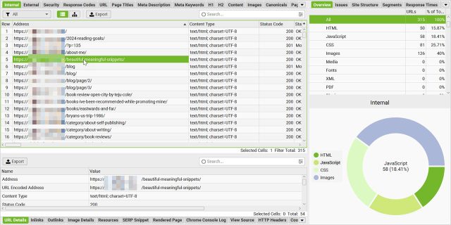Screenshot of Screaming Frog audit with website name blurred out