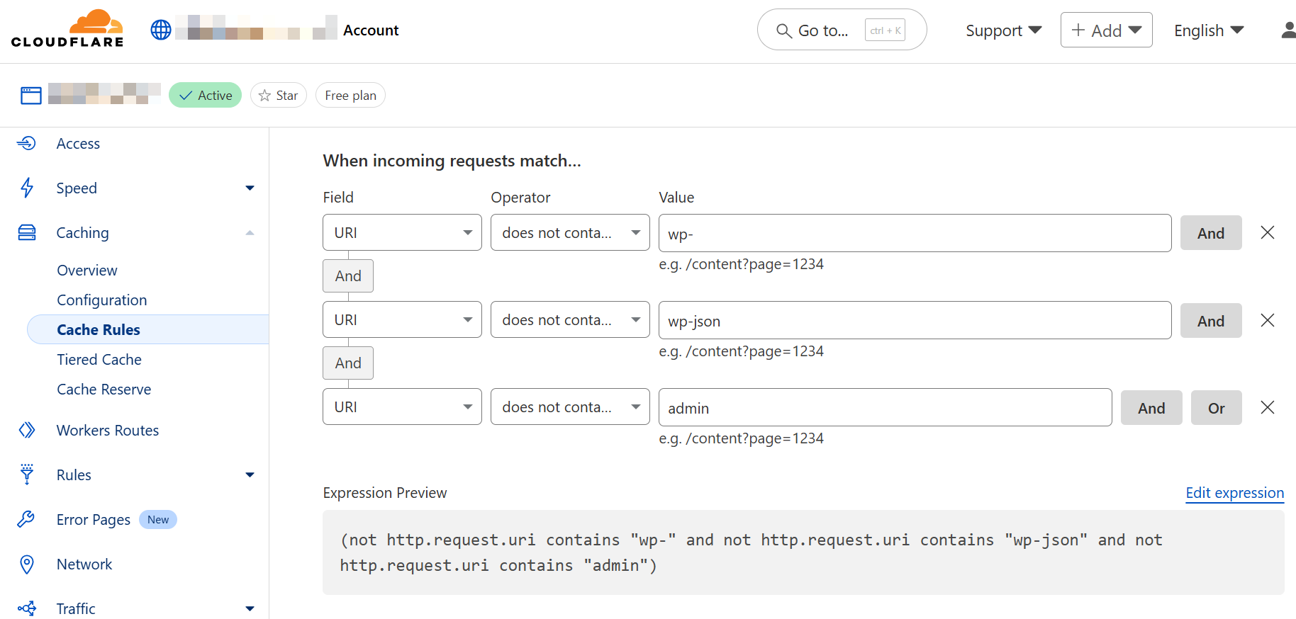 Cloudflare caching rules screenshot